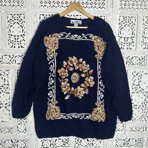 Vintage Navy Blue Floral Embroidered Chunky Retro‎ Grannycore Oversized Sweater